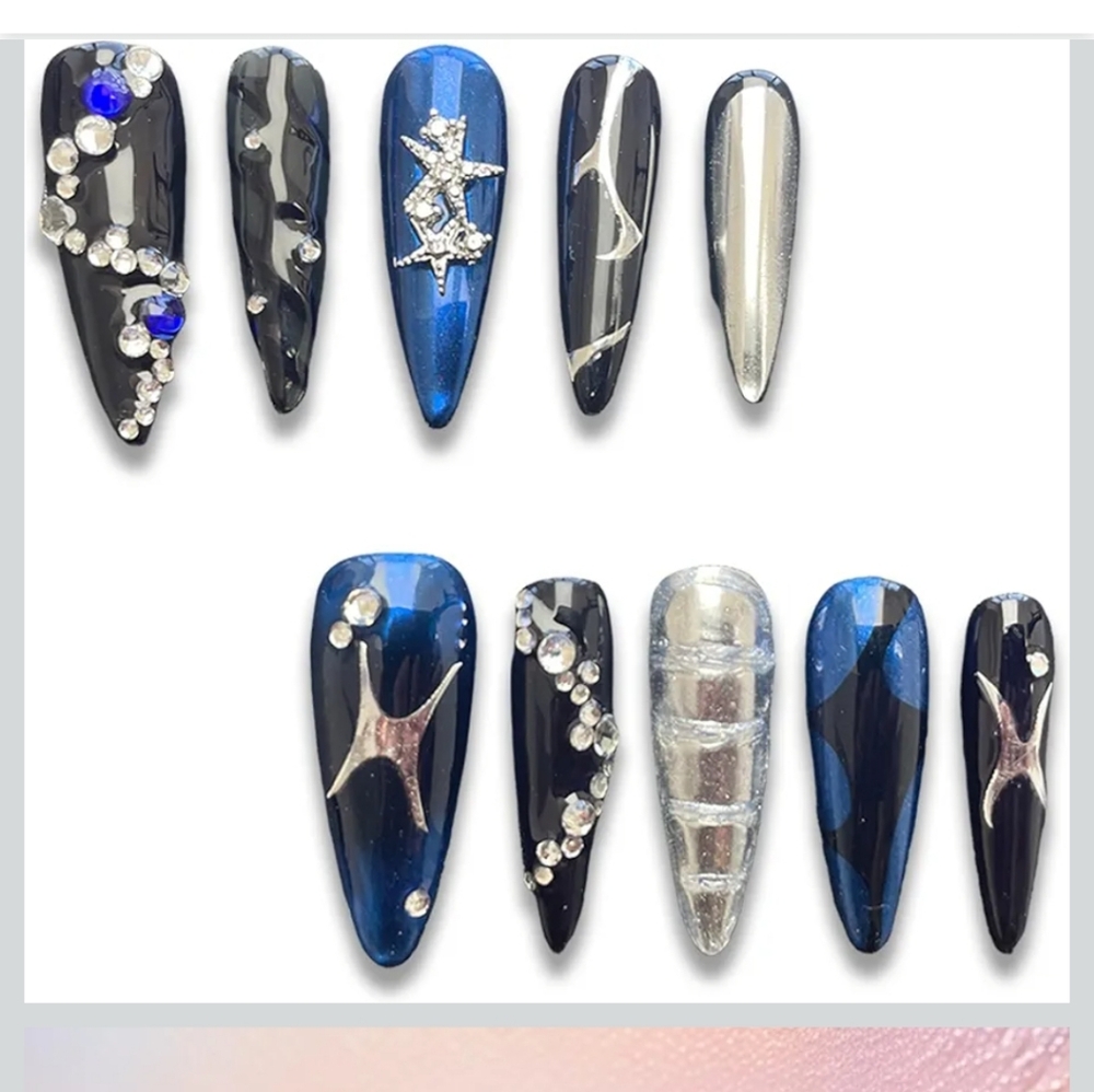 Blue and Silver Press-On Nails with Celestial Designs